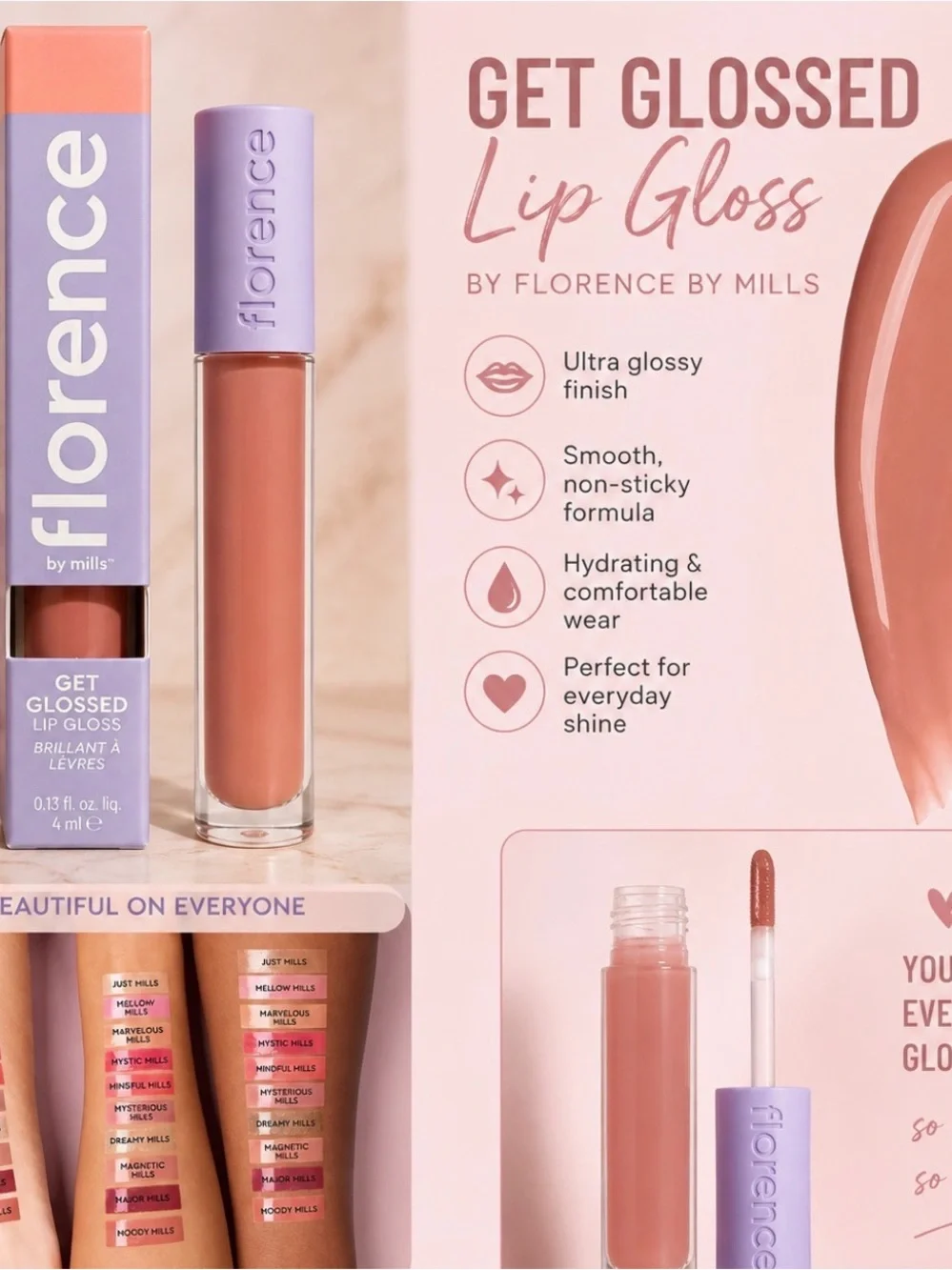 Florence By Mills GET GLOSSED Lip Gloss MARVELOUS MILLS Peach 0.13oz Full Size